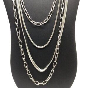 Multi-Strand Silver-tone Chain Necklace Layered Mixed Link 32-26" Substantial